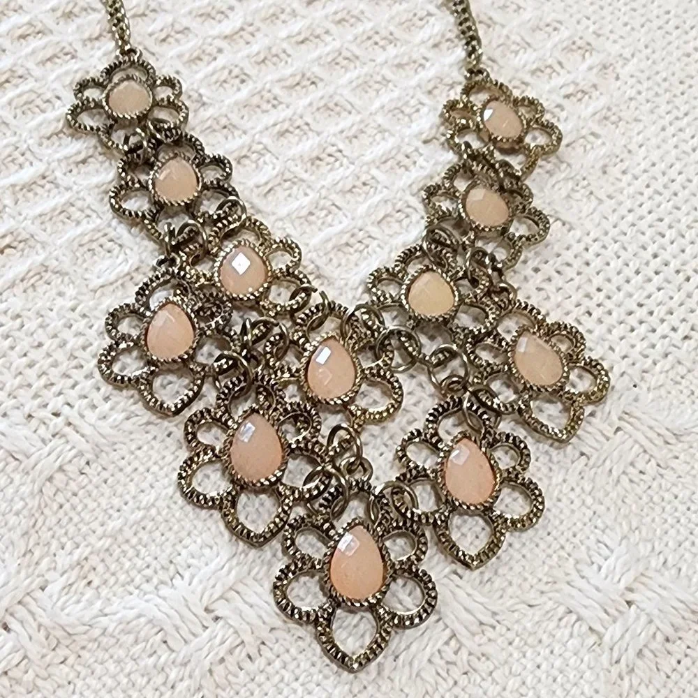 Gold Flower Faceted Light Pink Teardrop Accent Statement Bib Necklace